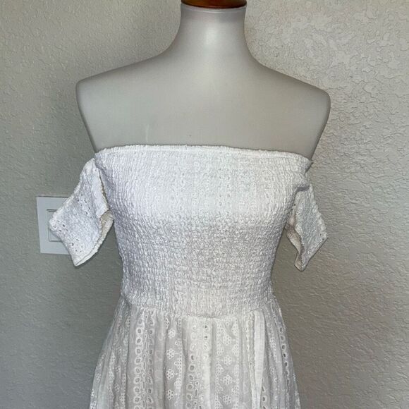 NWT J O A Just One Answer white eyelet ruched maxi dress XS built in short - Picture 4 of 14